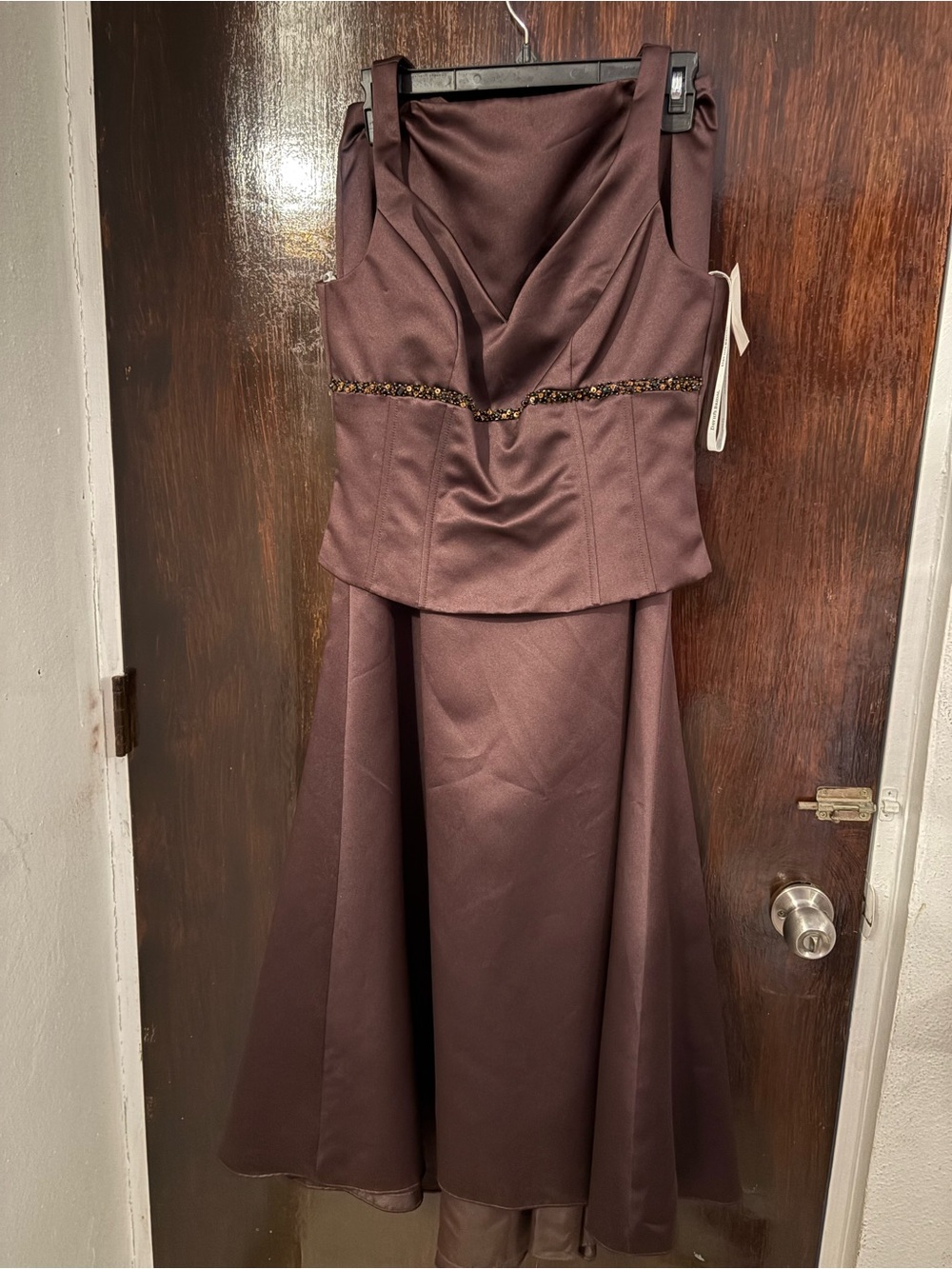 NWT David's Bridal Chocolate Brown Satin Two-Piece Skirt Set with Beaded Waist.